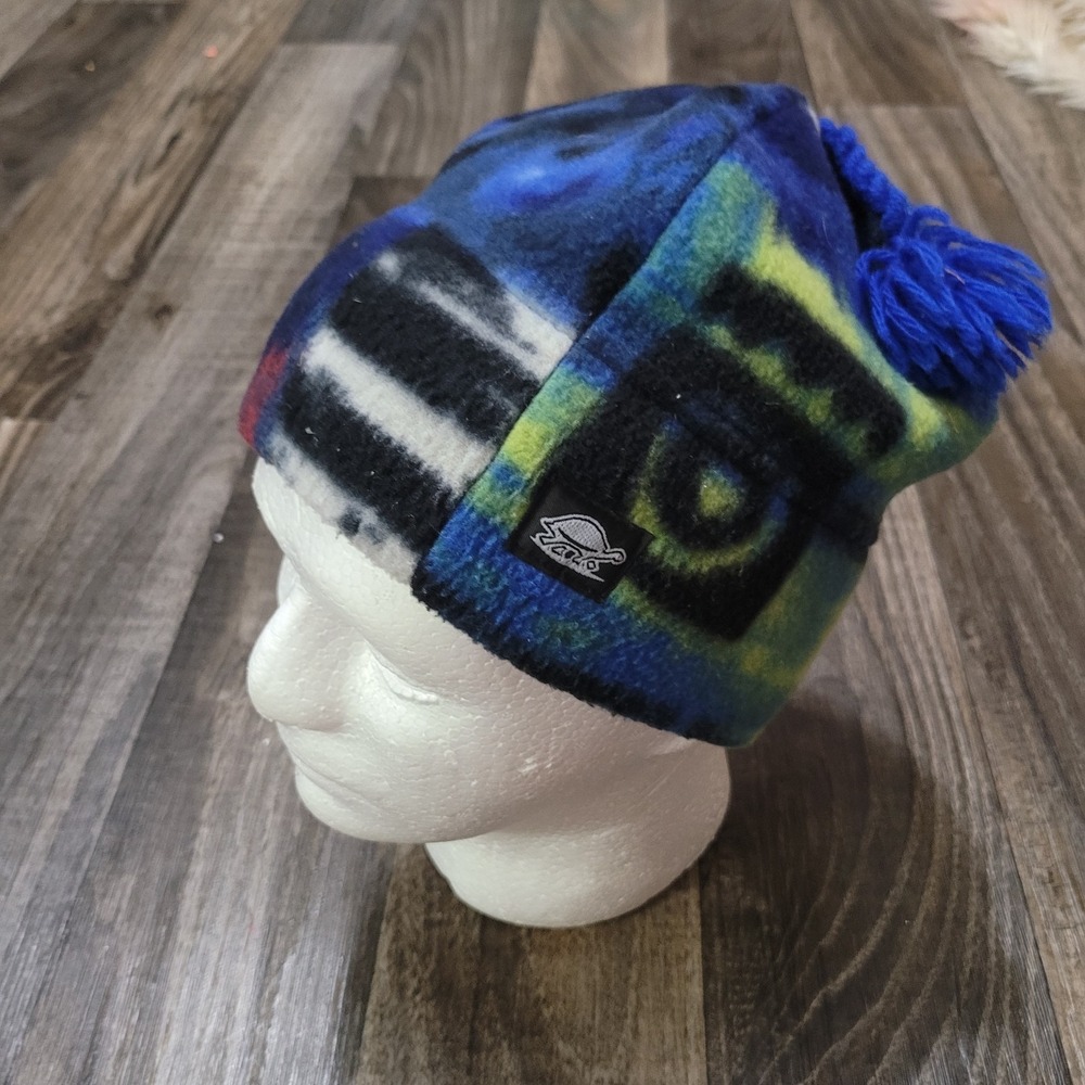 Vintage 1990s Turtle Fur Abstract Graffiti Fleece Tassel Beanie Hat Blue Green